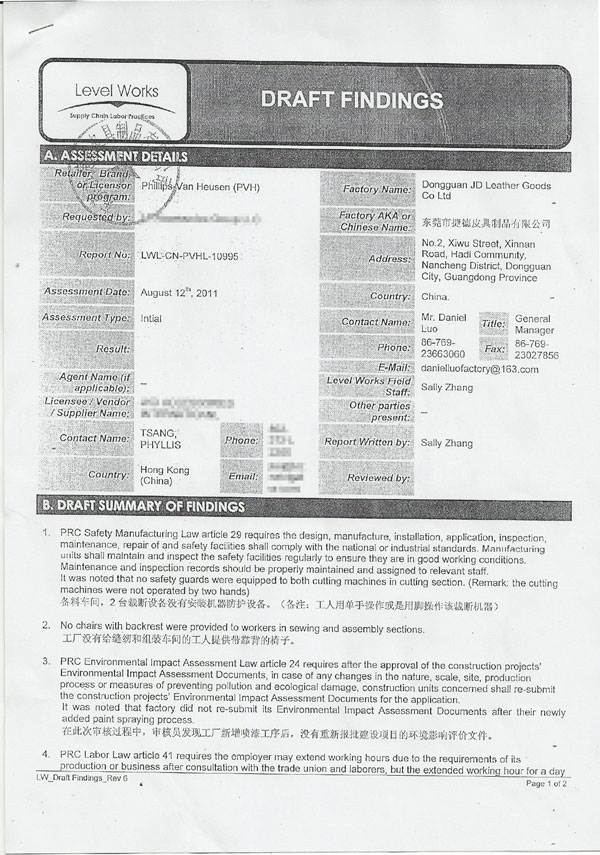 The first factory audit report of Calvin Klein