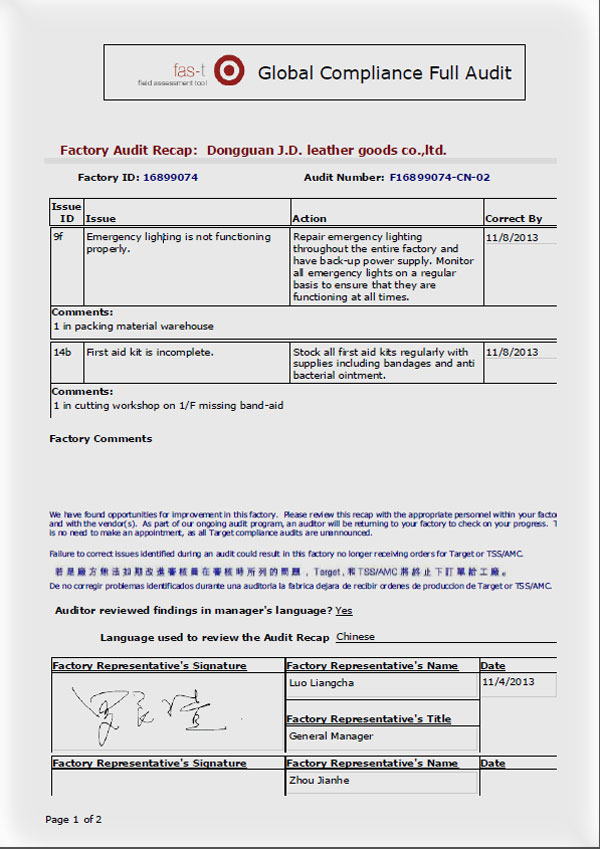 factory audit recap by Target
