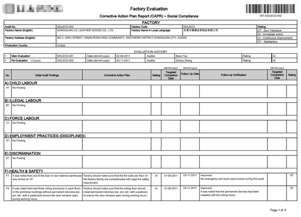 The first factory evaluation report