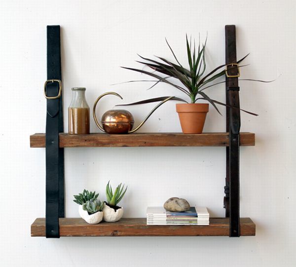 The recycled leather belt wood shelf