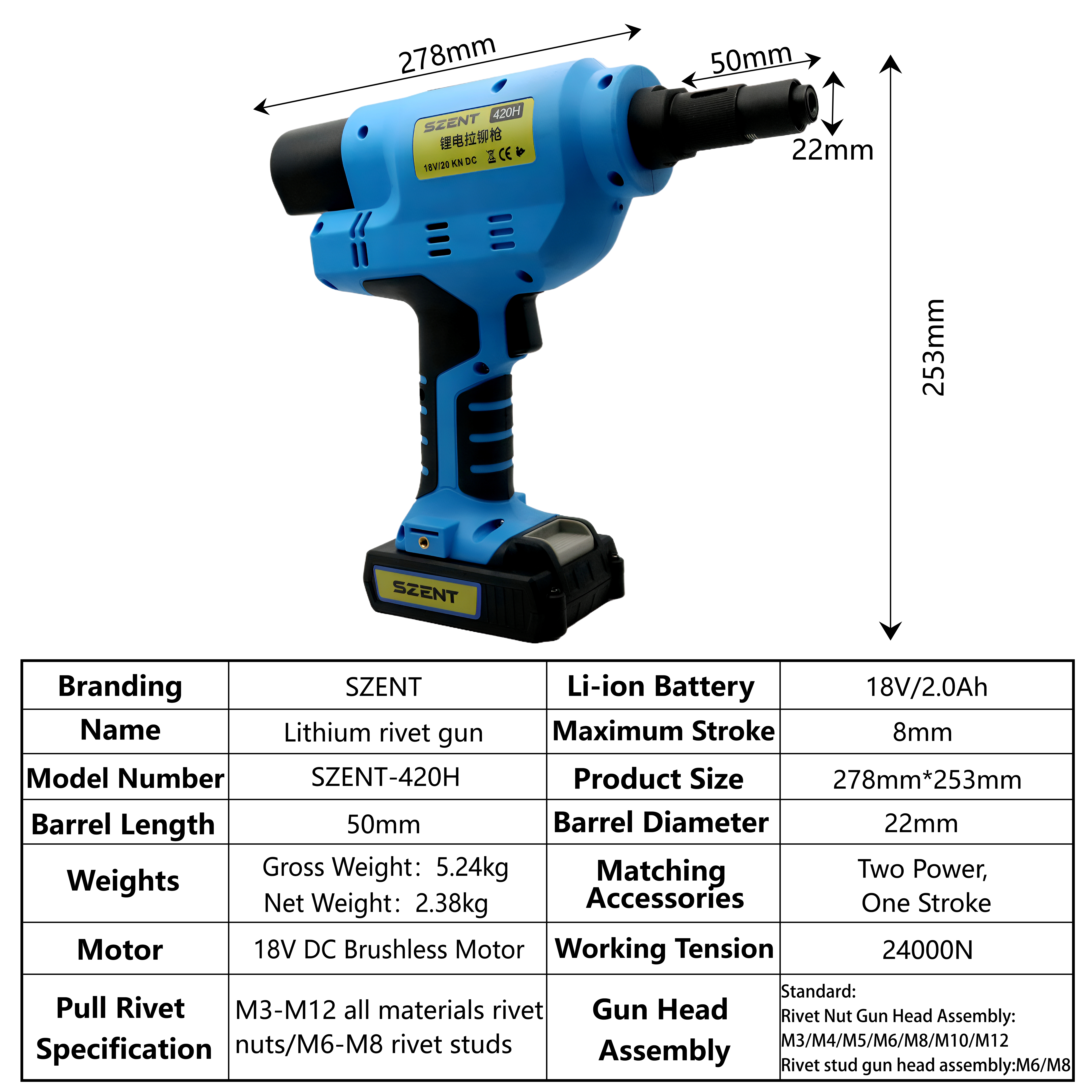 Szent 420h SZENT 420H Cordless Rivet Nut Gun M6 M8 M10 M12