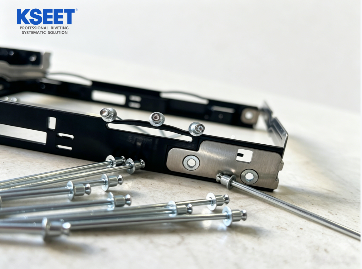 HDD tray assembly using pull thru blind rivets instead of screws
