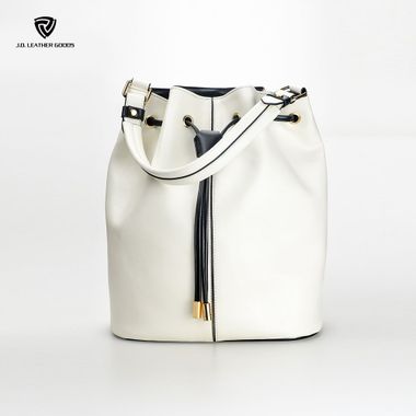 White Drawstring Closure Single Top Handle Lady PU Bucket Bag