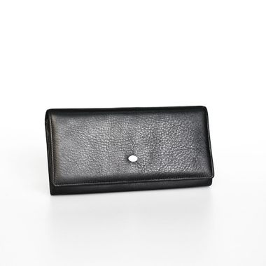 Black Snap Closure Leather Long Wallet with Metal Frame