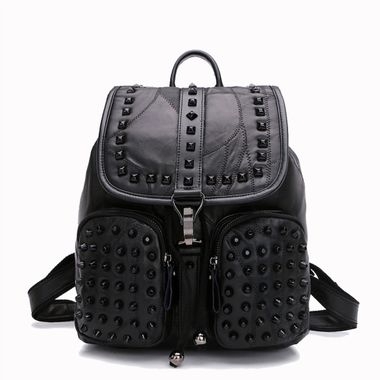 Rivet Punk Black Genuine Leather Backpack with Studs