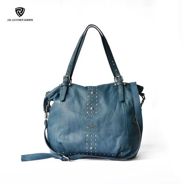 Blue Studs Detailing on Front Vintage Style Genuine Leather Handbag
