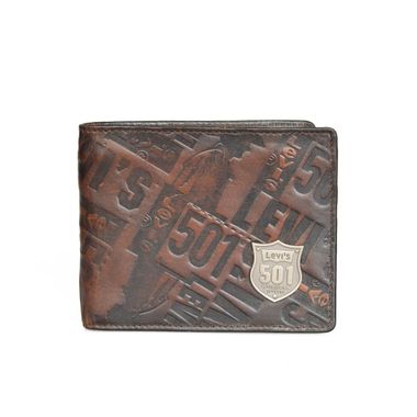 Man Leather Embossed Bifold Wallet with Metal Logo Label