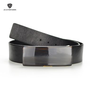 Women Full Grain Leather Belt with A Big Black Resin Buckle