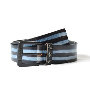 Men Full Grain Leather Blue Strip Printed Leather Belt