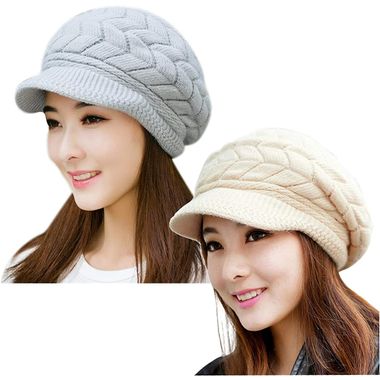 Women Winter Warm Knit Hat Slouchy Beanie Cap with Visor