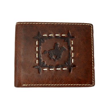 Man Vintage Bifold Cow Leather Wallet with Stitched Around Stamped Logo