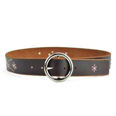 Women Printed & Riveted Leather Belt with Center Bar Buckle