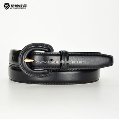 Stitched Feather Edge Leather Belt with Round Covered Buckle