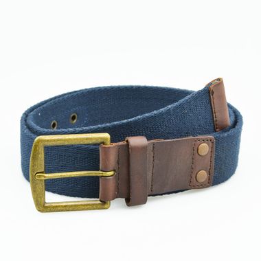 Men Blue Webbing Belt with Leather Tab & Tip
