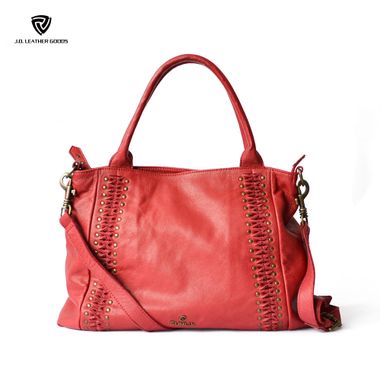 Red Ladies Studs Detailing Genuine Leather Wholesale Handbag