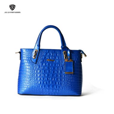 Dark Blue Women PU Crocodile Grain Top Zipper Closure Handbag