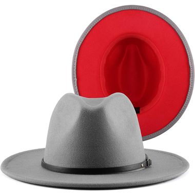 Red Inside Fedora Hats with Belt Wide Brim Wool