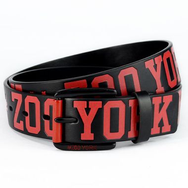 Men Logo Printed & Stamped PU Belt with Red Roller Buckle