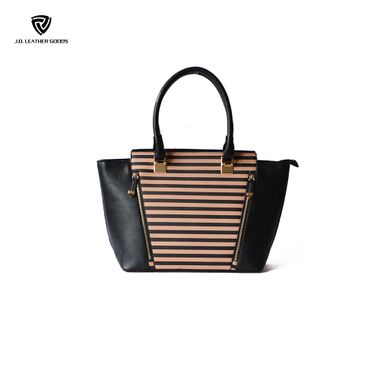 Black Double Top Handles Striped Lady PU Handbag
