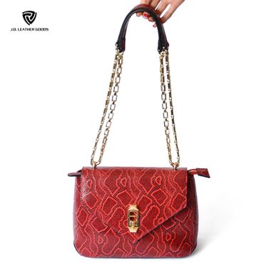 Snake Skin Texture Twist Lock Double Chain Strap Genuine Leather Handbag