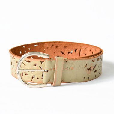 Ladies Cut Off & Debossed Leather Belt with Rounded Buckle