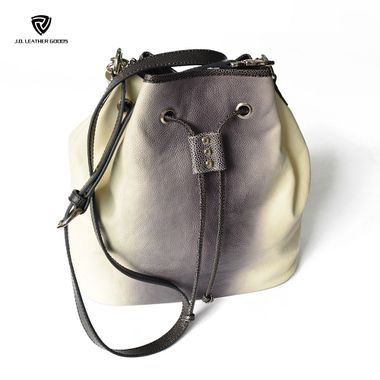 White Lady Genuine Leather Designer Bucket Bag with Drawstring Closure