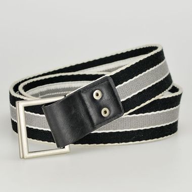 Men Striped Webbing Belt with Double Square Buckle