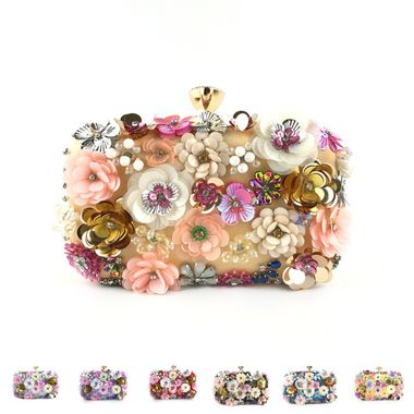 Fashionable Metallic Glitter Flower and Pearl Embellished Clutch with Turn Clasp and Lock