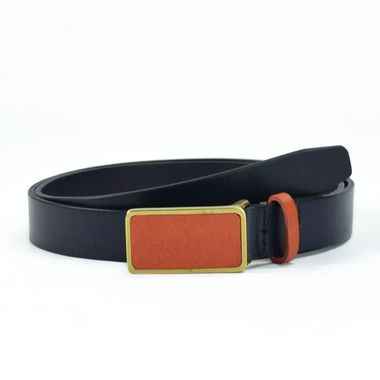Ladies Dark Blue Leather Belt with Leather Stitched Buckle