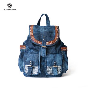 Drawstring and Magnetic Snap Closure Blue Jean Color Custom Backpack