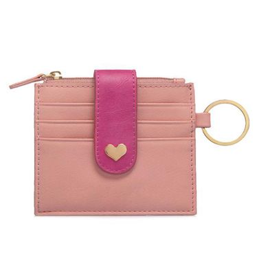 Pink Women Genuine Leather Card Holder with Key Ring