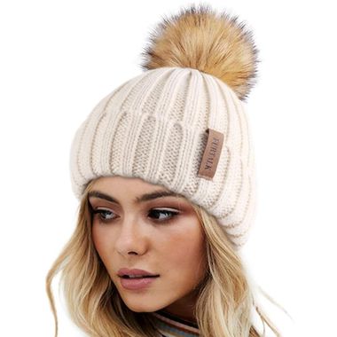 Womens Winter Knitted Beanie Hat with Faux Fur Pom