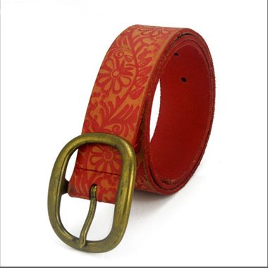 Red Debossed Flower Leather Belt for Woman