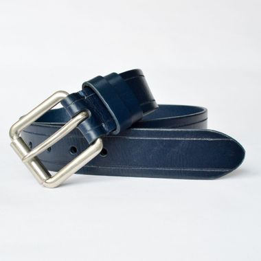 Man Blue Full Grain Leather Belt With Double Loops