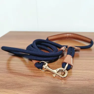 Nautical Rope Dog Leash with Leather Handle & Gold Hook