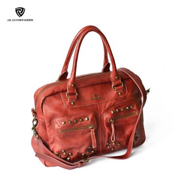 Vintage Red Genuine Leather Lady Handbag with Double Big Zipper Pockets