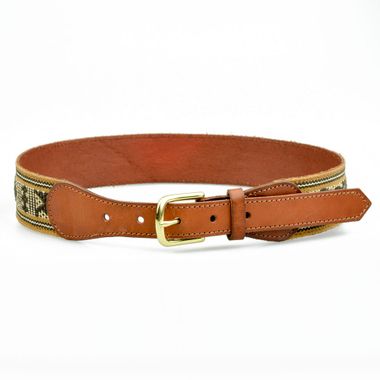 Women Needlepoint Fabric/Leather Belt with Gold Buckle