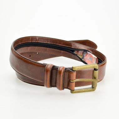 Men Hidden Interior Zipper Pocket Leather Belt