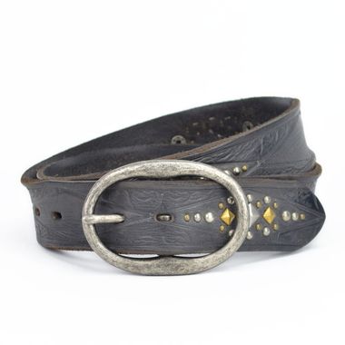 Men Studded Leather Belt with Flower Patterns