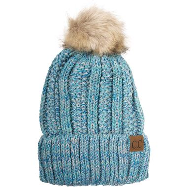 Thick Cable Knit Faux Fuzzy Fur Pom Fleece Lined Beanie Cap