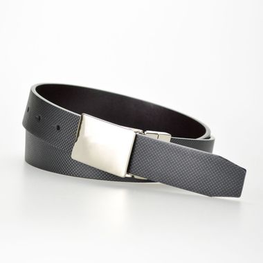 Black Grid Textured PU & Split Leather Belt with Plate Buckle