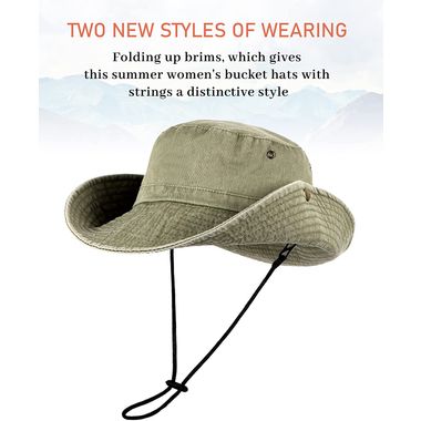 Wide Brim Bucket Sun Hat Packable Cotton Washed UPF 50